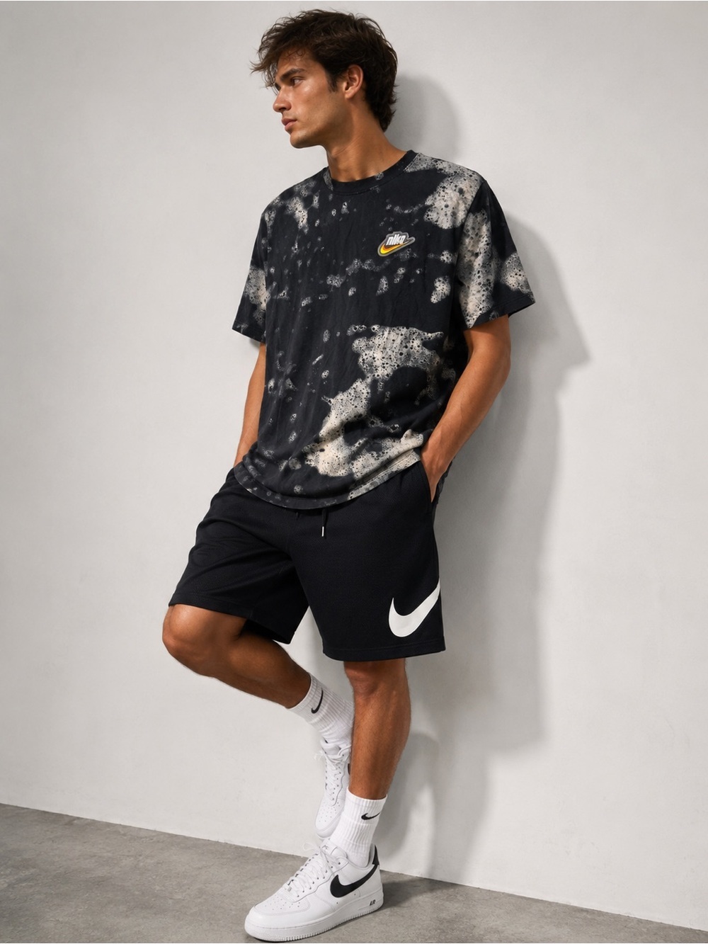 Nike Bleach Wash Graphic Tee Black White Acid Wash T-Shirt Size L